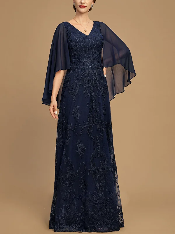 V-neck Lace Solid Color Mesh Gown Maxi Dress