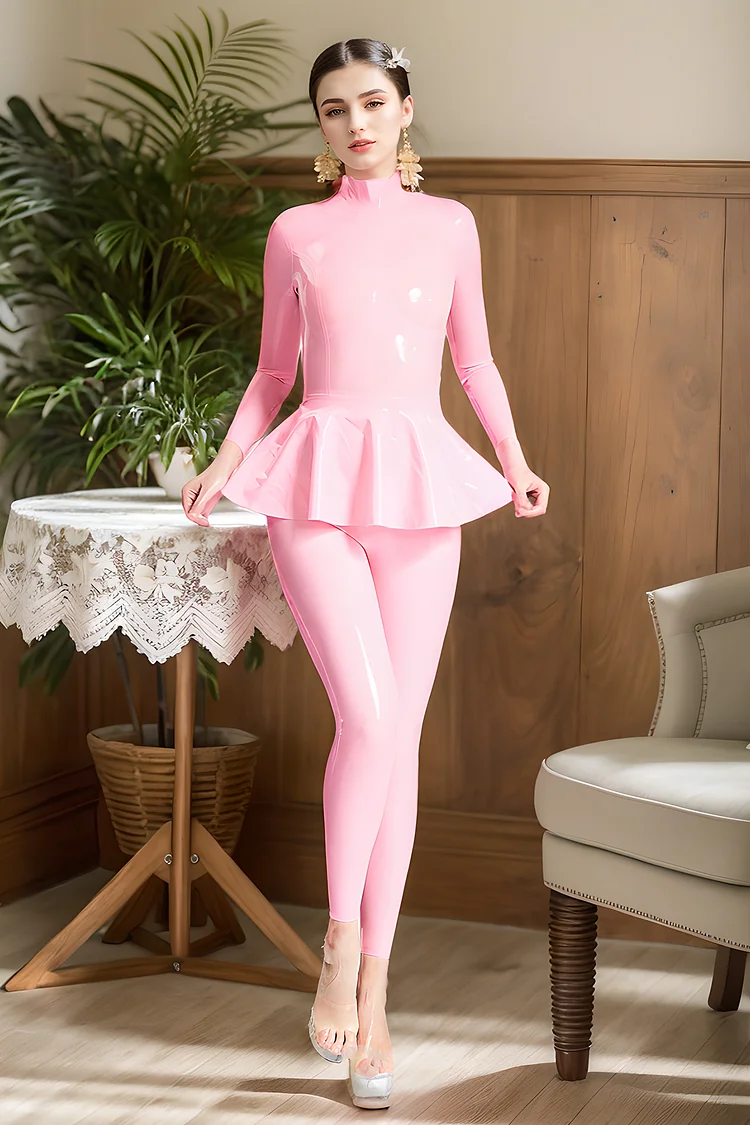 Women Latex Catsuits Ruffled Skirt Catsuit Close fitting Simple Skirt Bubblegum Pink Romantic Latex Costume