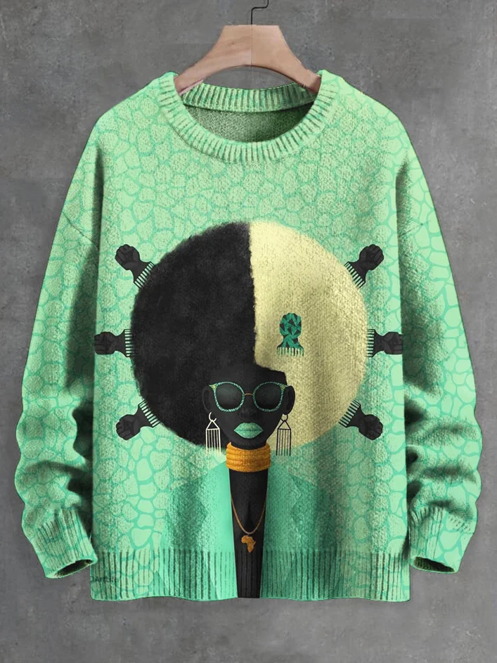 Men's Black Woman With Curly Hair Art Print Knit Sweatshirt
