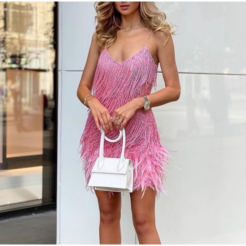 Sexy Women's Fringed Sequin Feather Stitching Dress 2022 Summer Slim V-Neck Off Shoulder Dresses Female Backless Slip Mini Robe