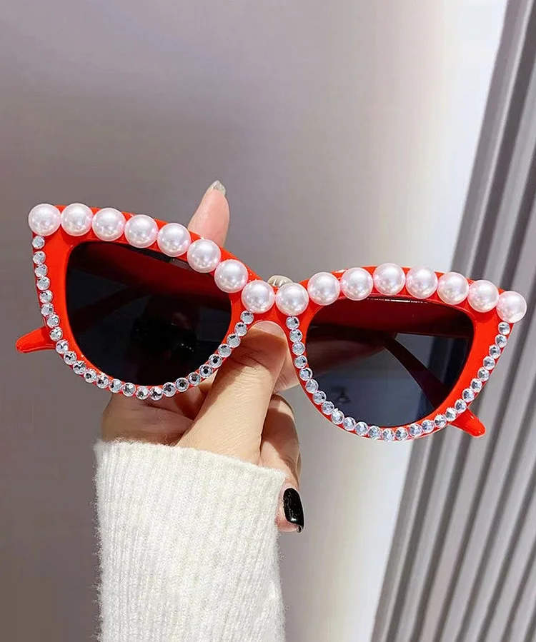 New Personalized Diamond Studded Pearl Cat Eye Sunglasses