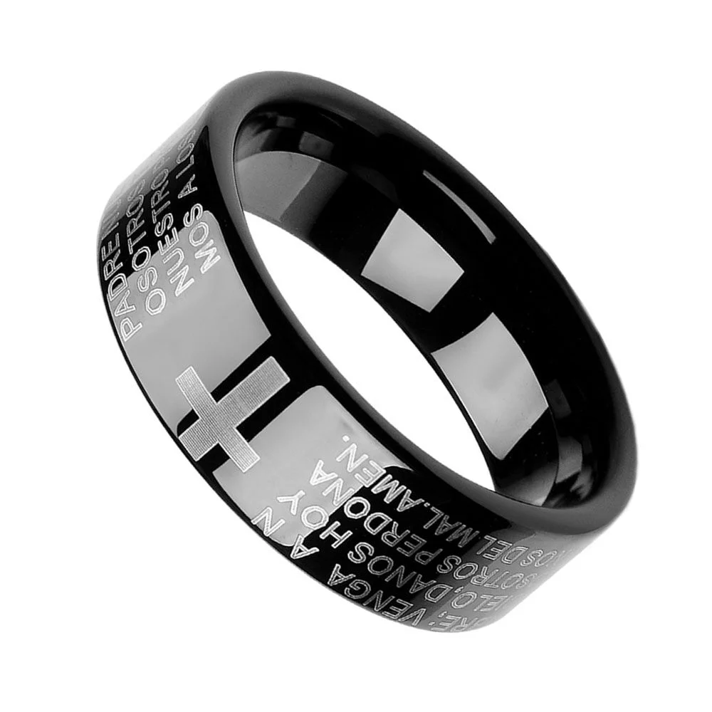 Spainish Bible Lords Prayer Cross Scratch Prevention Black Tungsten Rings Tungsten Rings