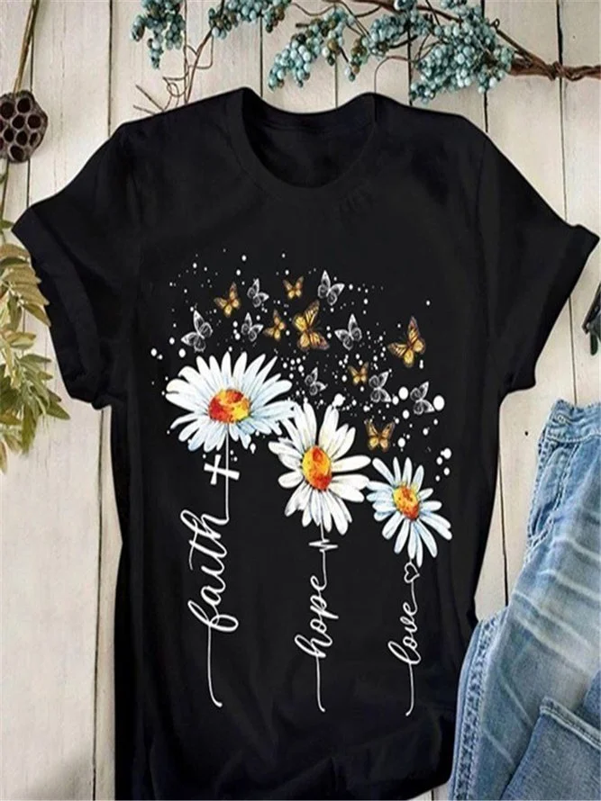 Casual Floral Crew Neck Short Sleeve Shirts & Tops