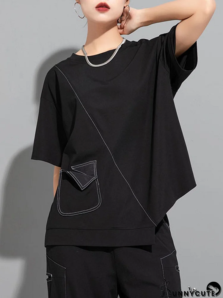 Loose Short Sleeves Asymmetric Solid Color Split-Joint Round-Neck T-Shirts Tops