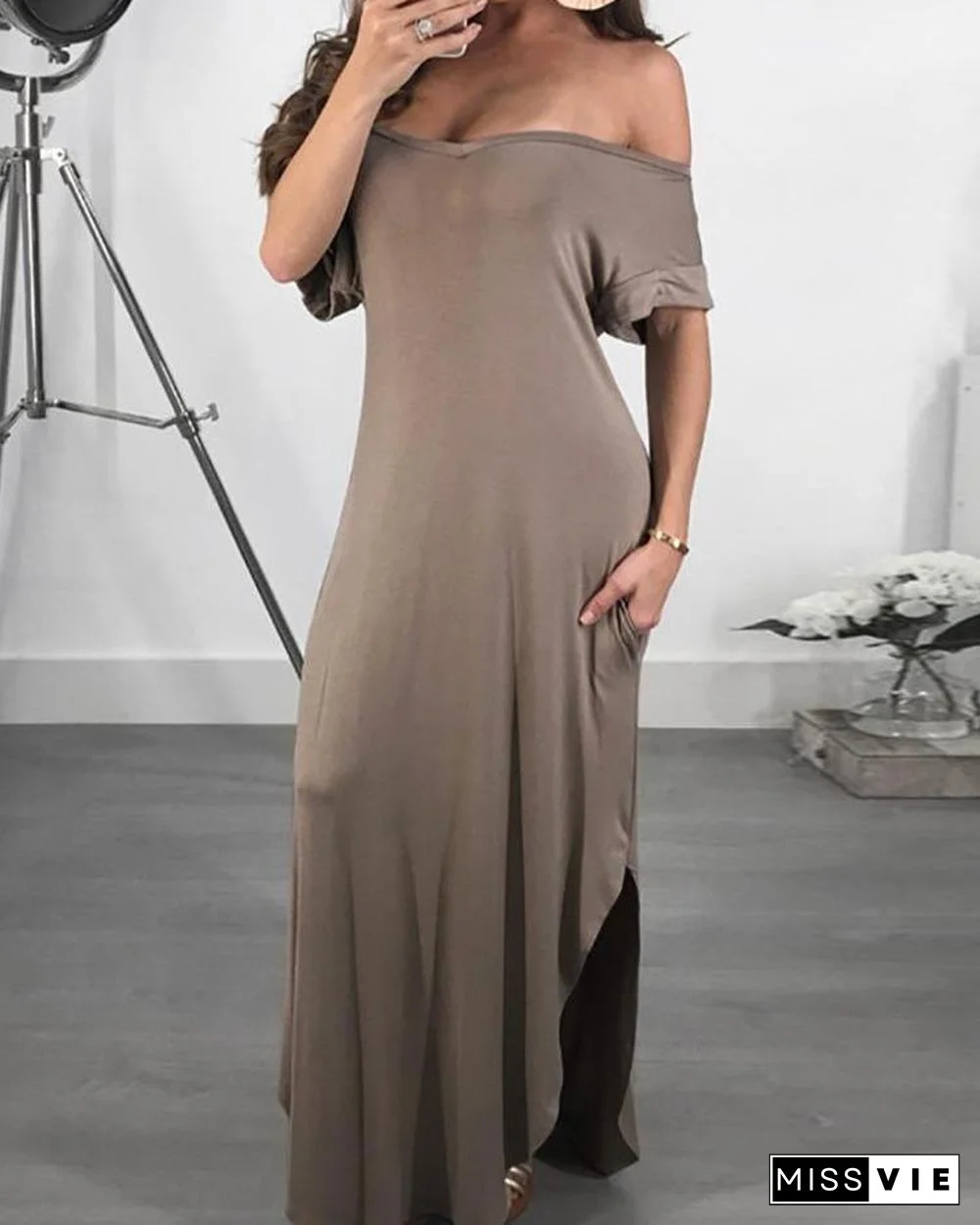 Solid Off Shoulder Slit Irregular Maxi Dress P15227