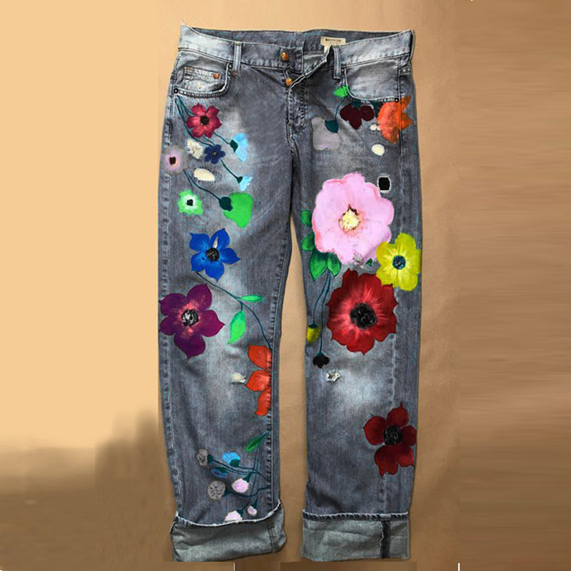Women&lsquo;s Casual Loose Denim Flower Printed Jeans wearshes