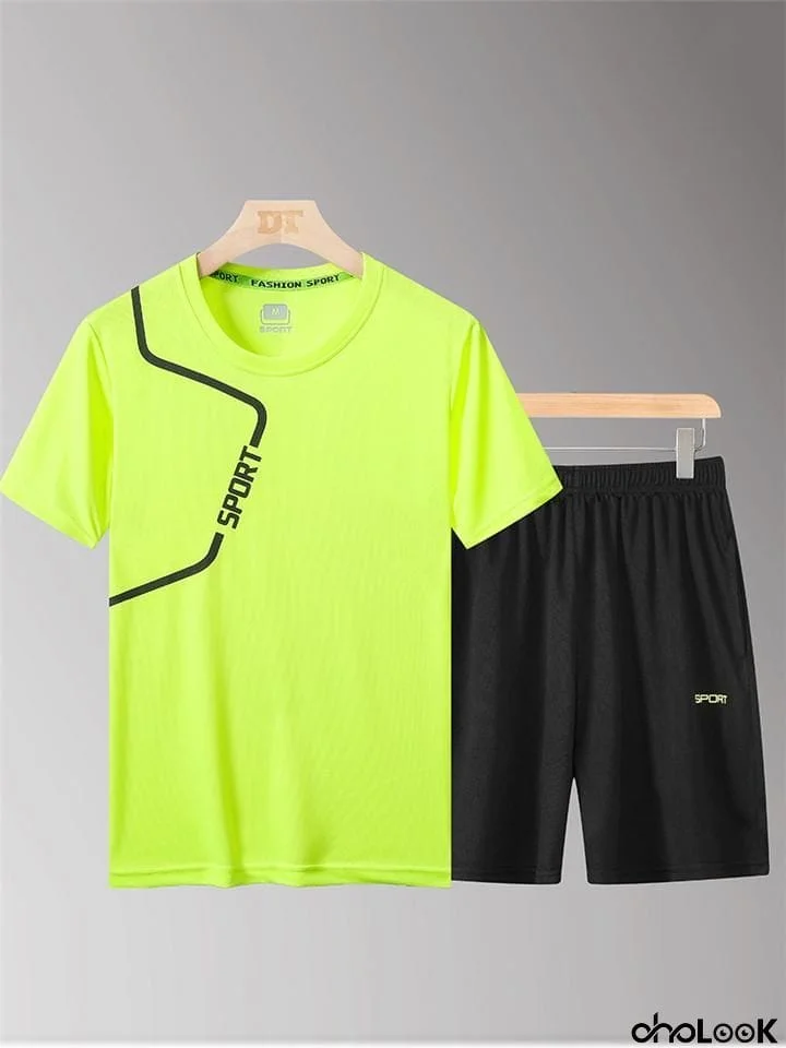 Mens Moisture Wicking Sports Short Sleeve T-Shirts+Shorts