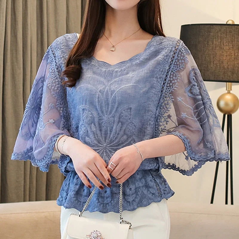 2022 Summer New Chiffon Blouse Cotton Edge Lace Blouses Shirt Fashion Women Blouses Butterfly Flora Women Shirts Tops 4073 50