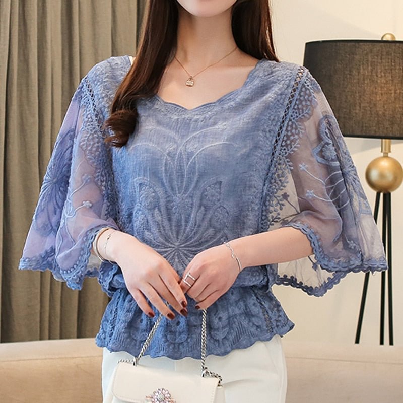 2021 Summer New Chiffon Blouse Cotton Edge Lace Blouses Shirt Fashion Women Blouses Butterfly Flora Women Shirts Tops 4073 50