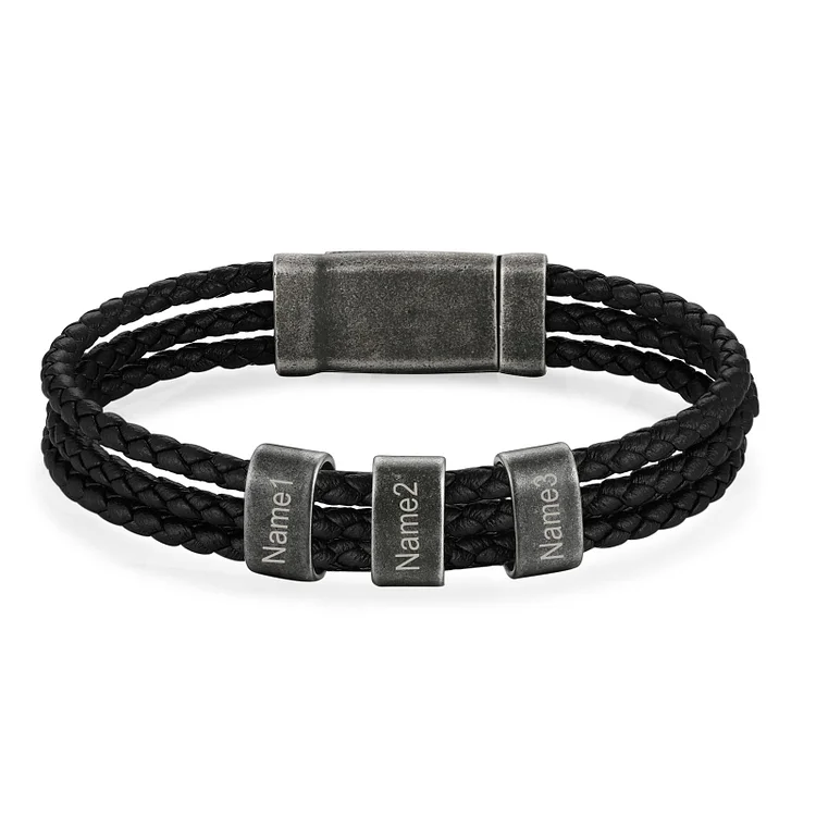 Personalized Men Leather Braided Bracelet Engraved 3 Names Three Layers Bracelet Vintage Gift For Him