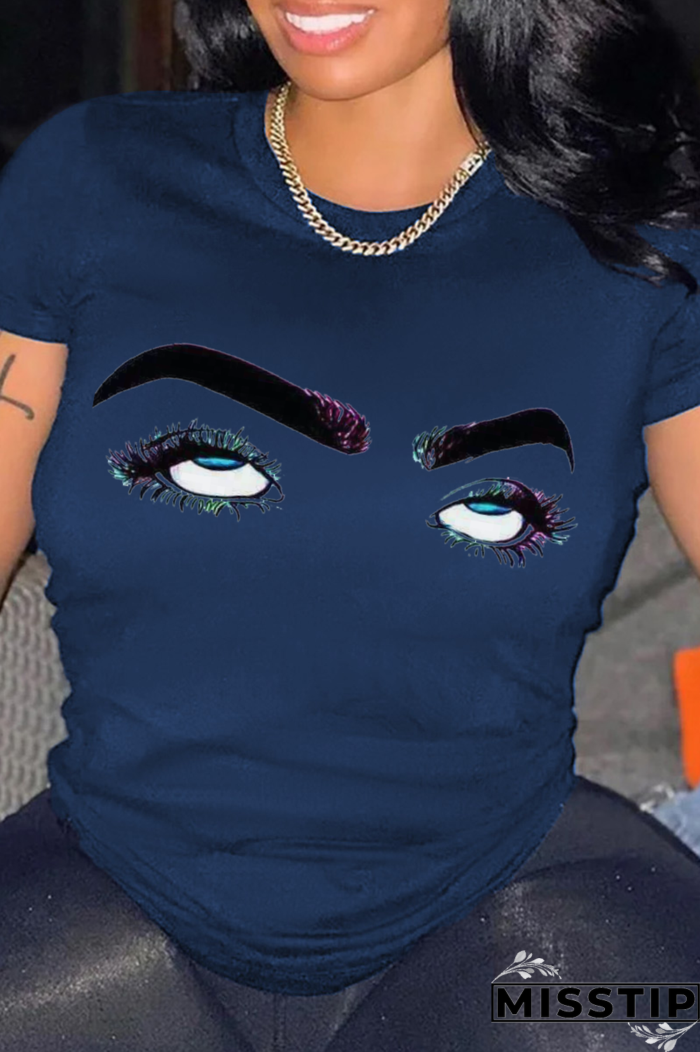 Navy Blue Street Print Patchwork O Neck T-Shirts