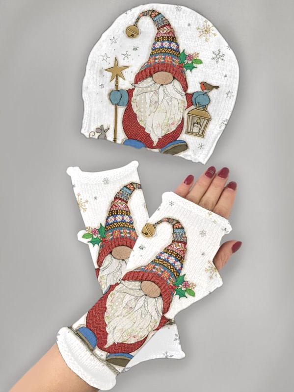 Vintage print knitted hat + fingerless gloves set