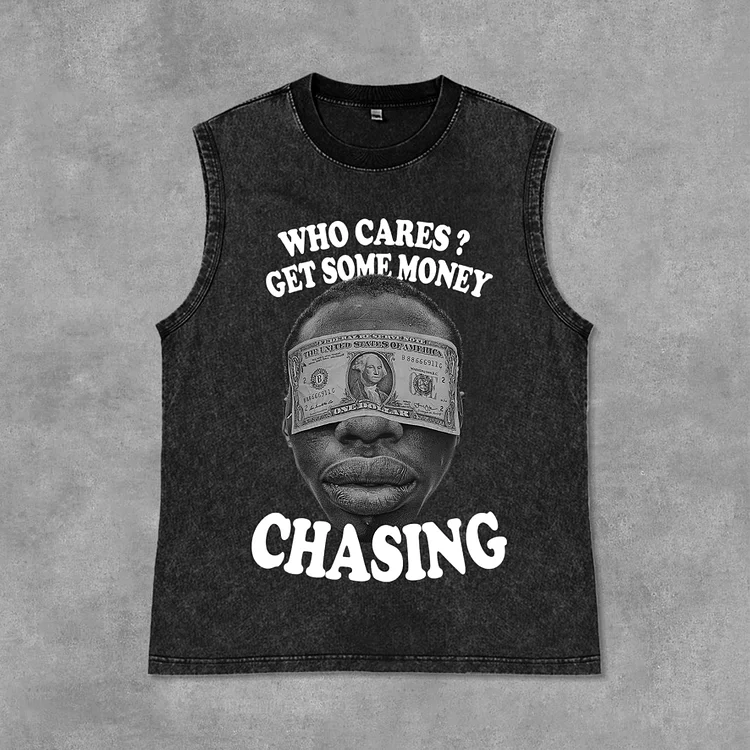 Street Vintage Chasing Money Graphic Print Acid Washed Sleeveless Tank Top SOPULA