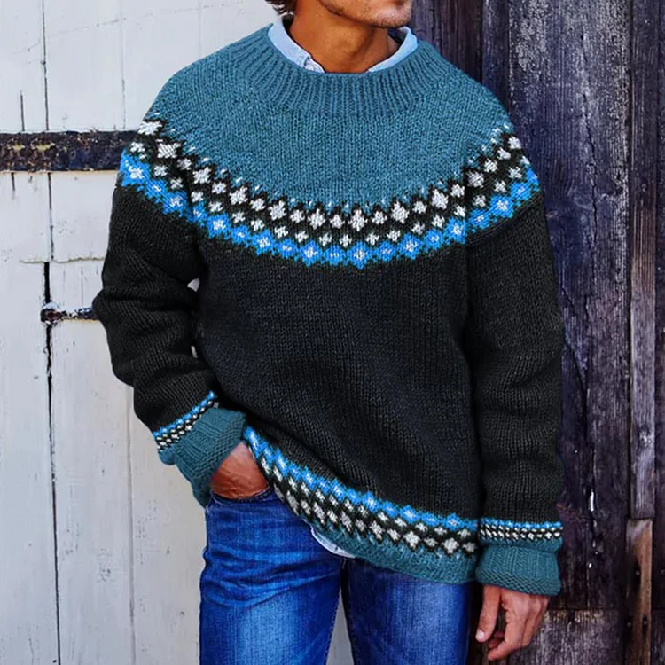 Mens Vintage Contrast Diamond Jacquard Graphic Art Cozy Sweater