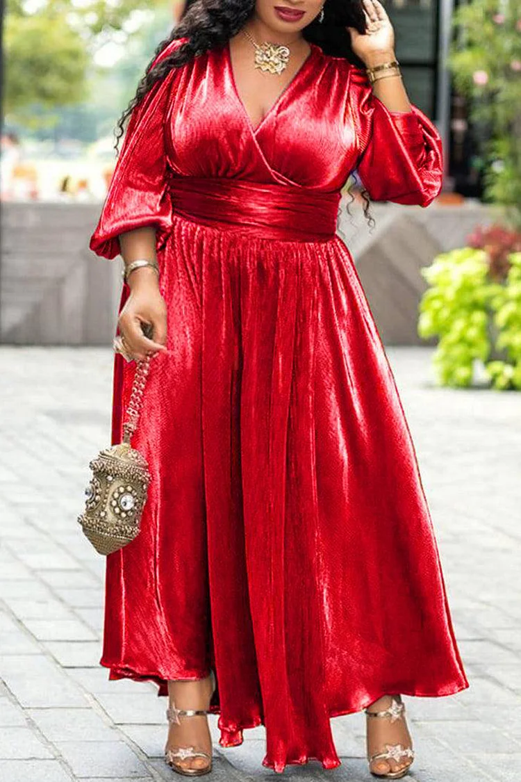 Xpluswear Plus Size Formal Red Dresses Long Sleeve High Waist Maxi Dress