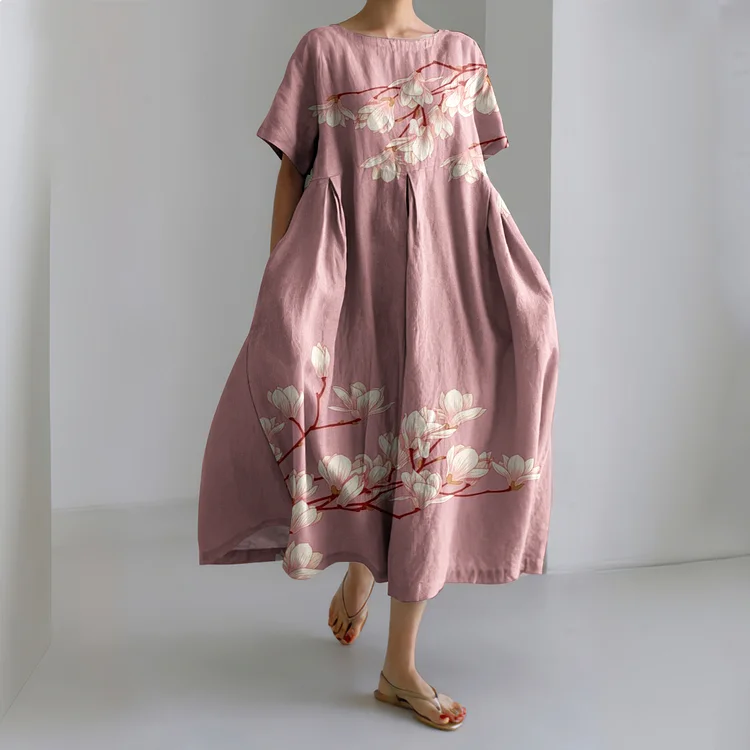 Comstylish Magnolia Flower Japanese Linen Blend Maxi Dress