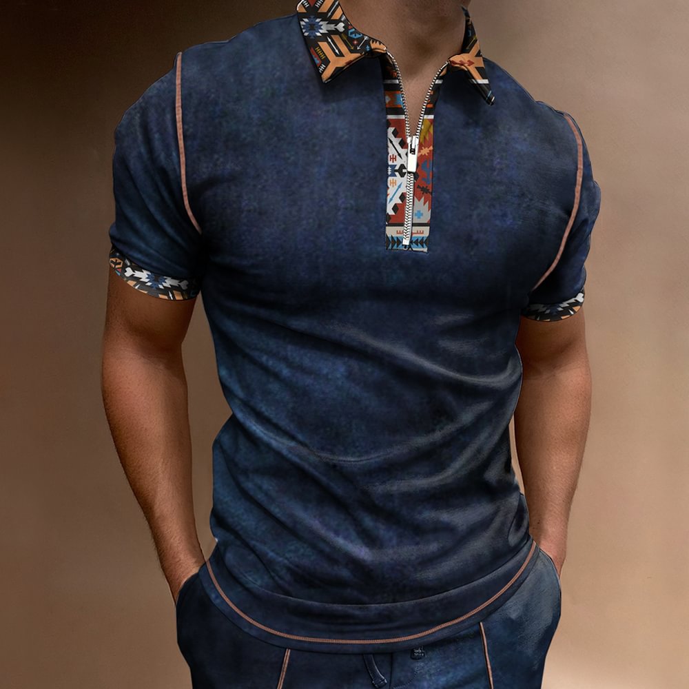 Men's Outdoor Vintage Western Ethnic Pattern Sport PoLo Neck T-Shirt、、URBENIE