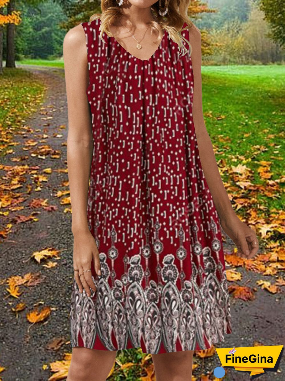 Women Casual Sleeveless V-neck Floral Printed Midi Dress