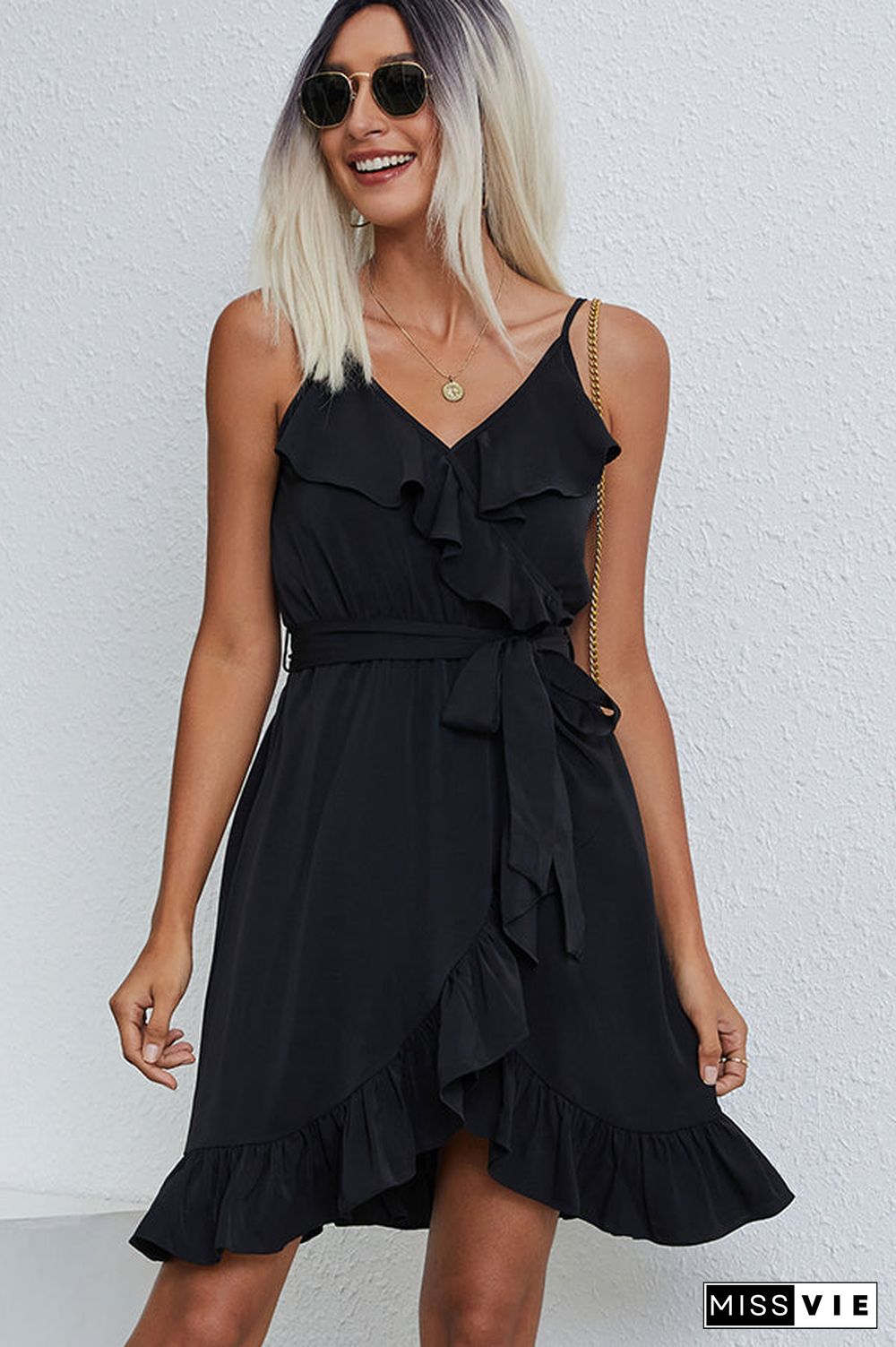 Ruffle Hem Solid Tie Waist Mini Dress