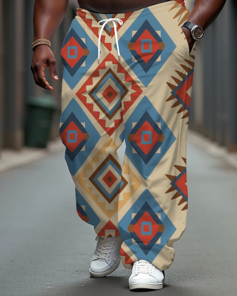 Big Men's Vintage Fashion Geometric Blocks Printed Pocket Drawstring Daily Casual Pants