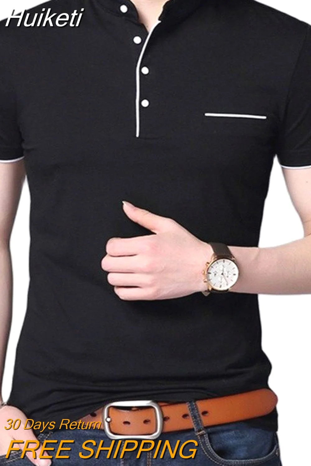 Huiketi Men's Polo Shirt Short Sleeve Solid Color Stand Collar Polo Shirt Men Fashion Slim Fit Casual Cotton Breathable Tops Tees