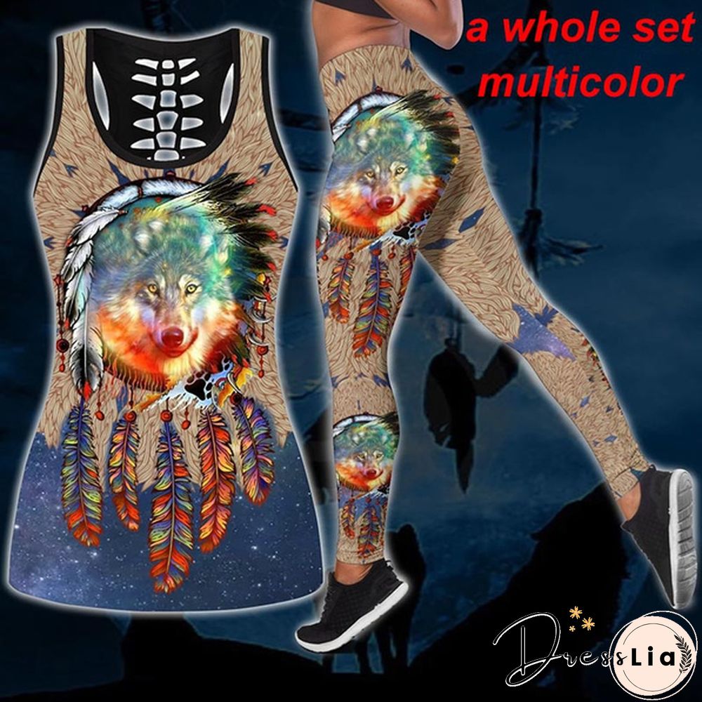 Women Wolf Native American 3D All Over Printed Legging + Hollow Tank Sleeveless Shirt Summer Vest for Women Plus Size Yoga Tank Tops Leggings Suit