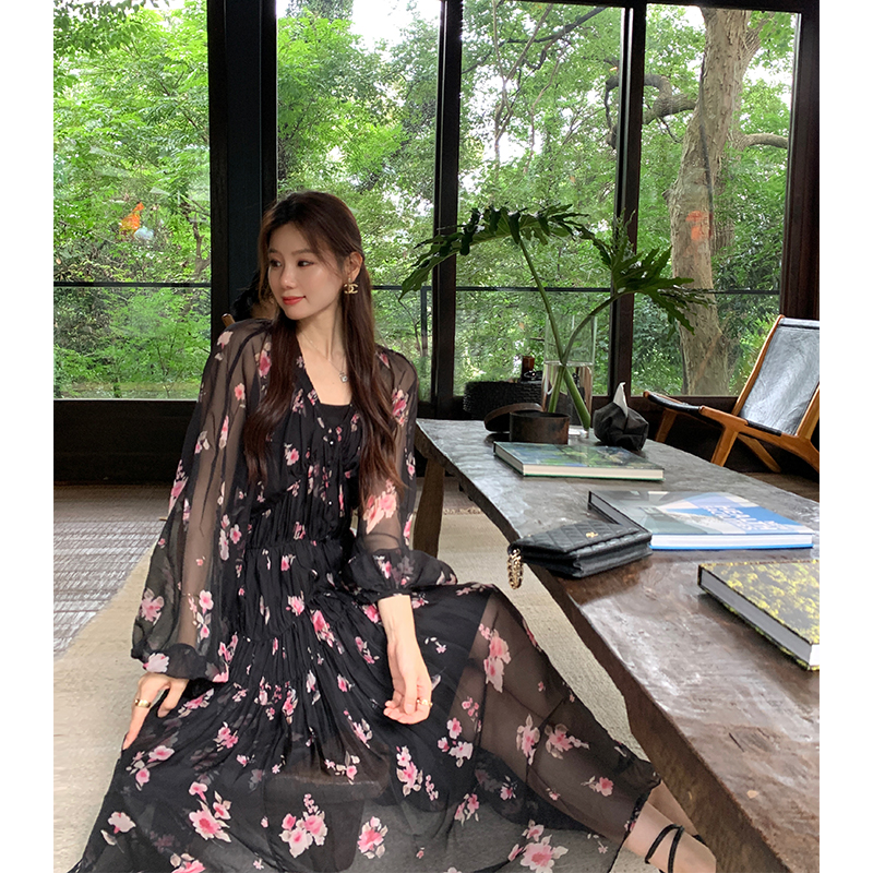 Usasaleprint Spring Floral Print Long Dress V-Neck Slimming Korean Sle Commute High Waist Bell Sleeve A-Line Polyester Maxi Skirt