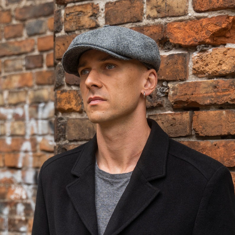 SHELBY Harris Tweed Genuine Scottish 8 Panels Newsboy PEAKED  Cap Applejack Bandit Hooligan Vintage Gangster Wool Fall Hat MID GRAY