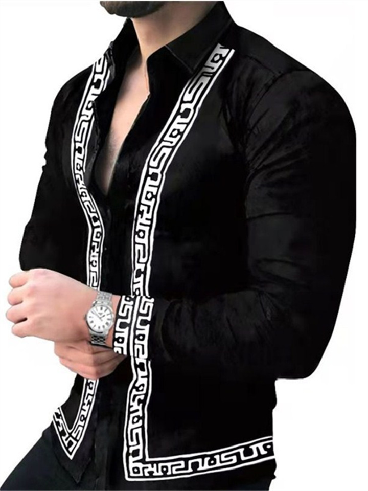Men's New Fashion Printing Youth Long-sleeved Lapel Shirt Casual Shirt