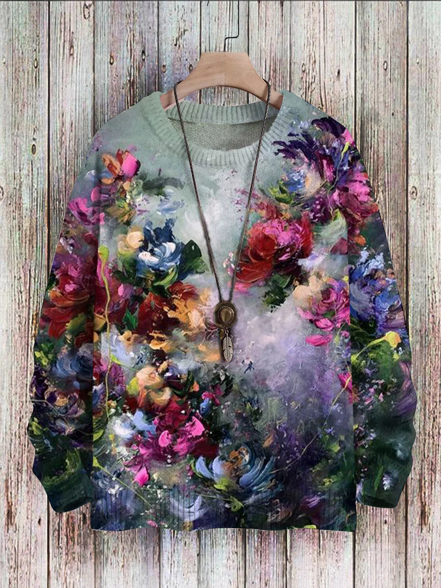Unisex Vintage Art Floral Print Knit Sweatshirt