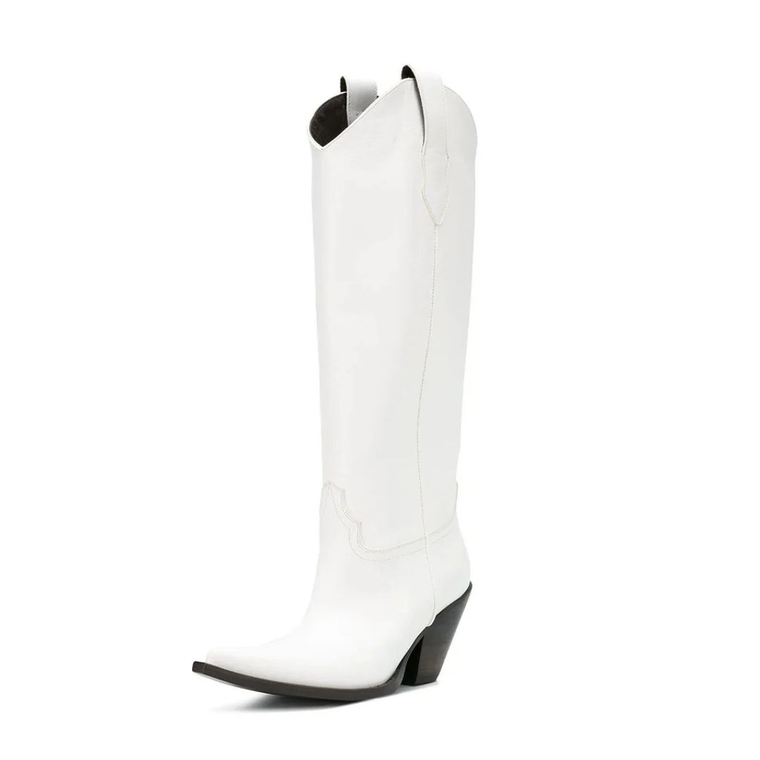 White Vegan Leather Cowgirl Boots Chunky Heel Mid Calf Boots