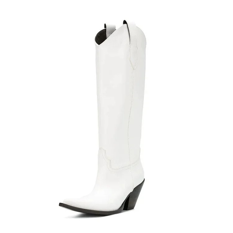 White Vegan Leather Cowgirl Boots Chunky Heel Mid Calf Boots |FSJ Shoes