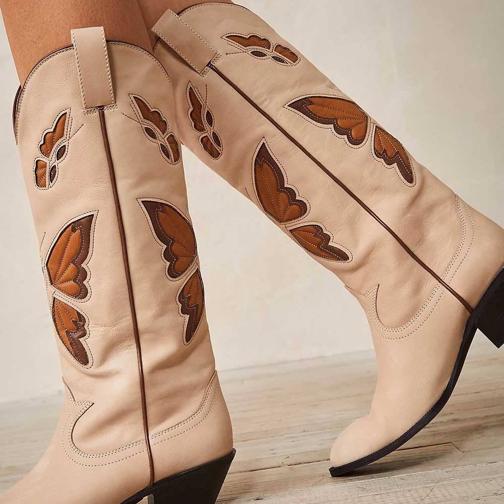 Beige Chunky Heel Brown Butterfly Inlay Mid-Calf Cowgirl Boots