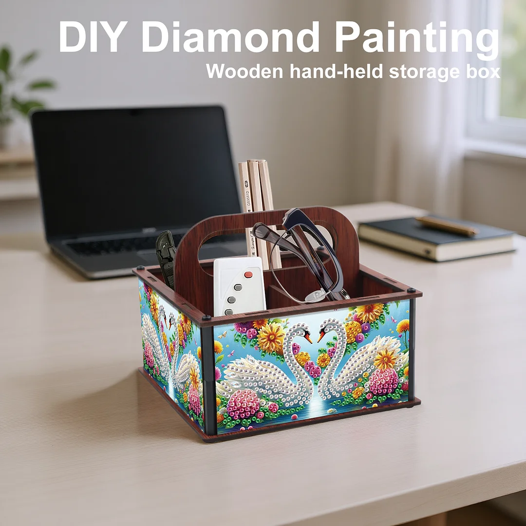 DIY Swan Wooden Diamond Painting Handheld Storage Box Kit Tabletop Art Decor