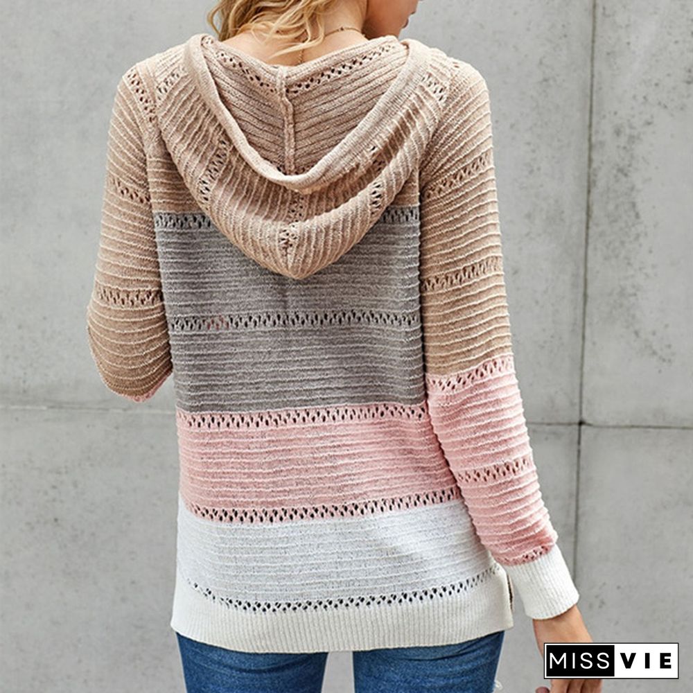 New Fashion Stitching V-neck Hooded Sweaters for Women Autumn Hollow-out Knitted Sweater Color Block Pullover Hoodies Coat