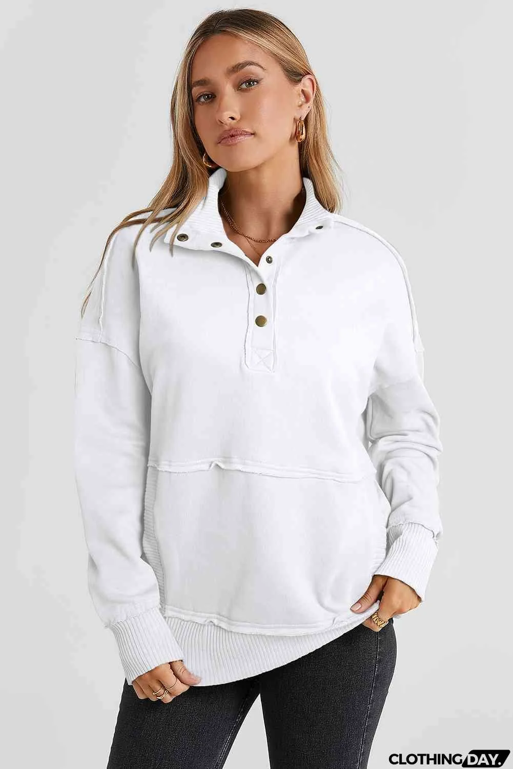Half Snap Drop Shoulder Long Sleeve Sweatshirt