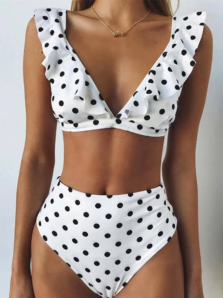 Split Swimsuit Dot Print Ruffled Deep V Bikini