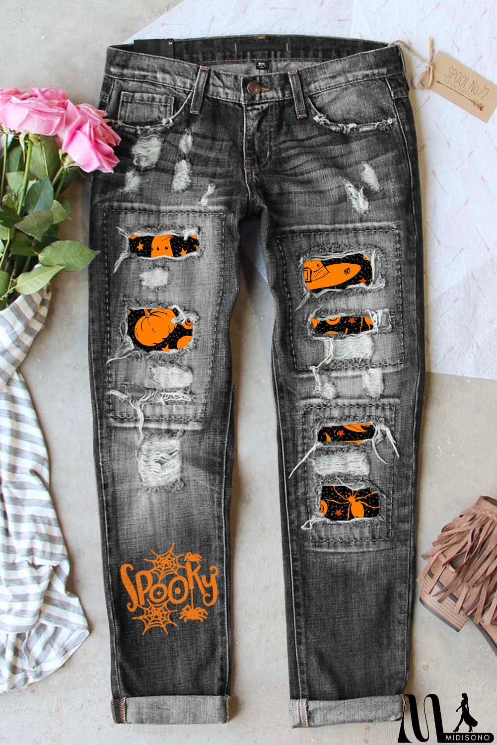 MidiSono - Spooky Pumpkin Graphic Contrast Distressed Jeans