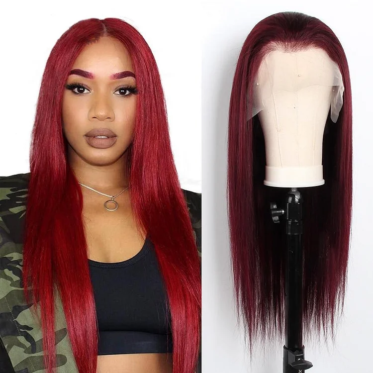 Indian Red Straight Lace Front Human Hair Wigs-elleschic