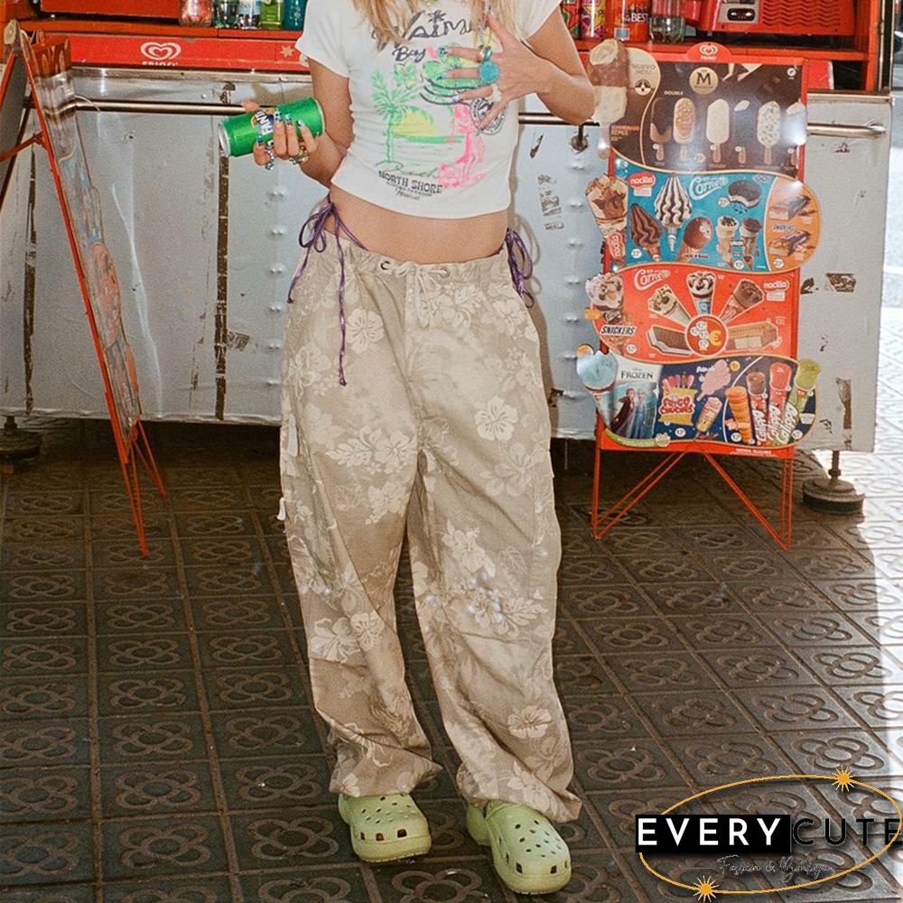 Floral Cargo Pants Women Aesthetic Drawstring Low Waist Baggy Trousers With Multi Pockets Sweatpants Streetwear