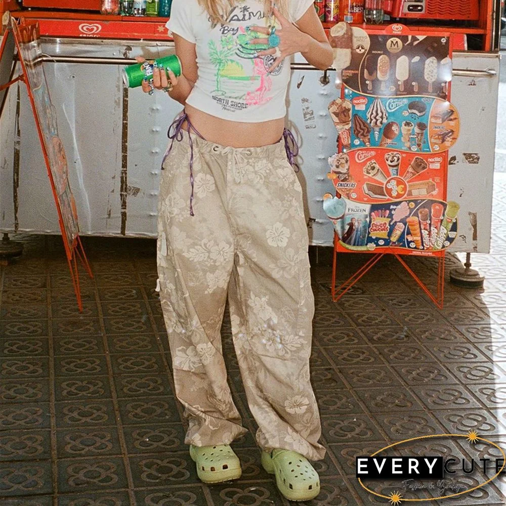 Floral Cargo Pants Women Aesthetic Drawstring Low Waist Baggy Trousers With Multi Pockets Sweatpants Streetwear