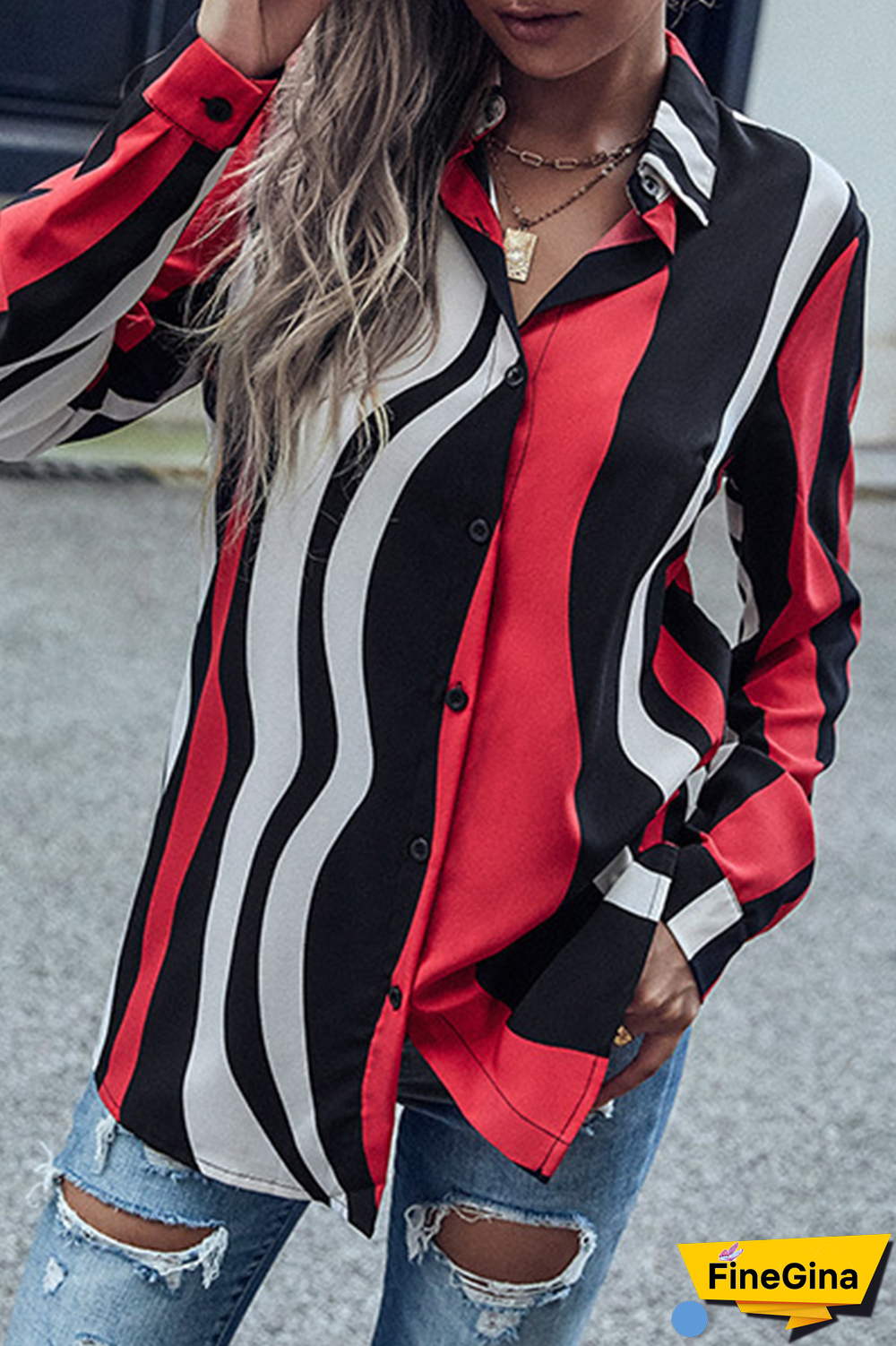 Casual Street Striped Split Joint Buckle Turndown Collar Tops