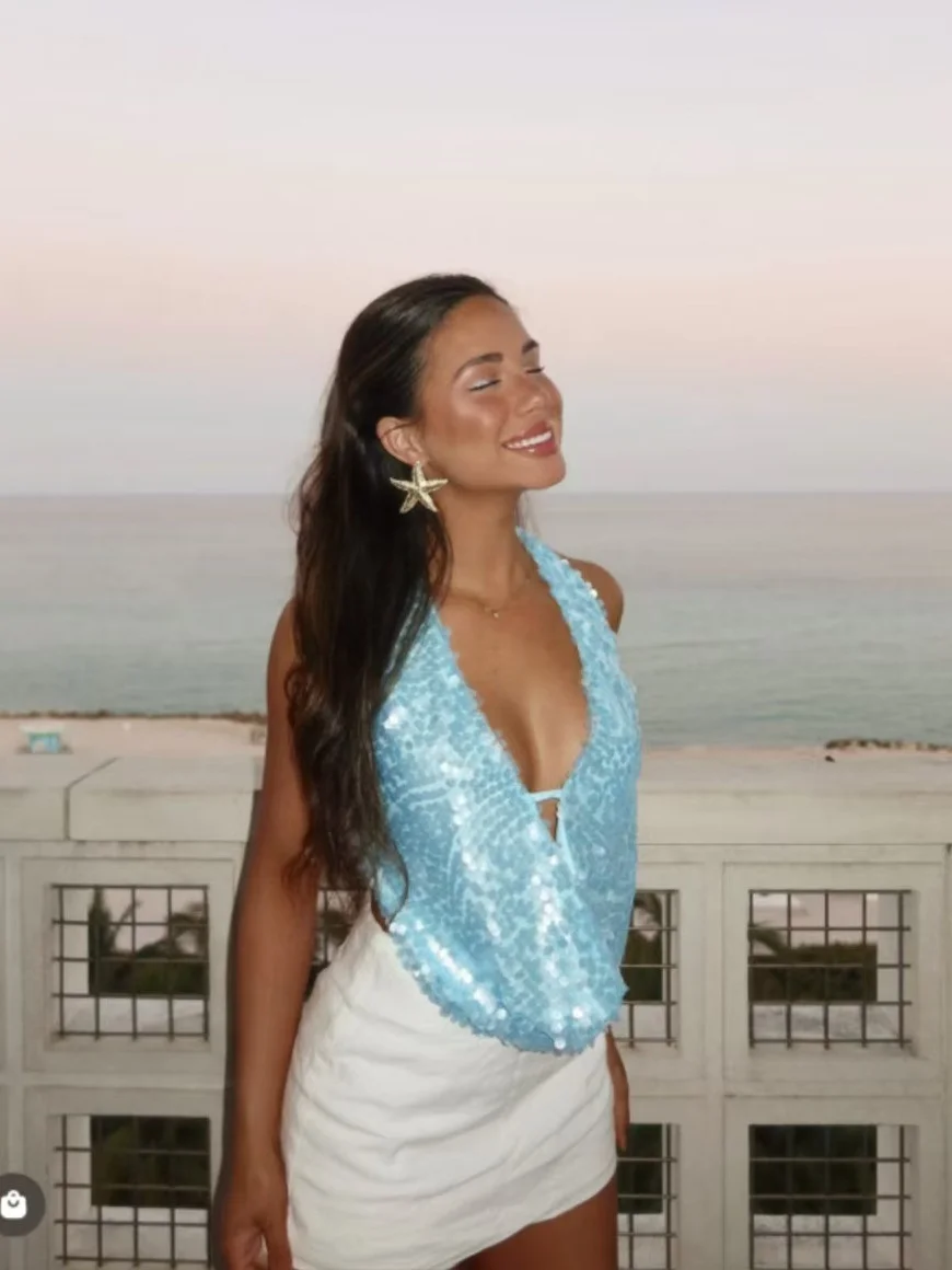 Sdrawing Sdrawing Spring And Summer New Hot Deep V Lewd Hanging Neck Sling Sexy Bareback Holiday Style LX0142