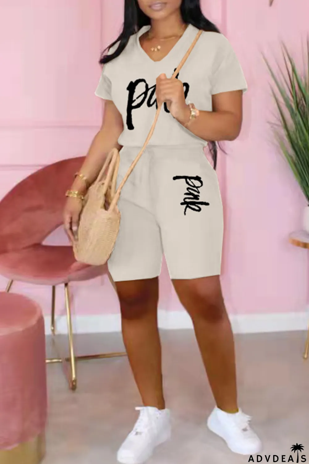 Apricot Fashion Casual Letter Print Basic V Neck Short Sleeve Two Pieces