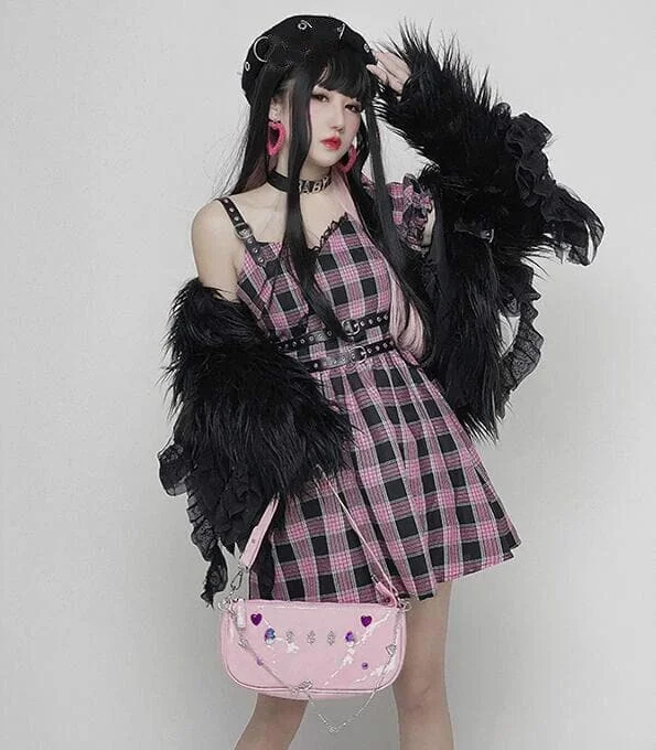 Harajuku Gothic Women Fashion Asymmetric Pink Plaid Bubble Sleeve Dress EG0580