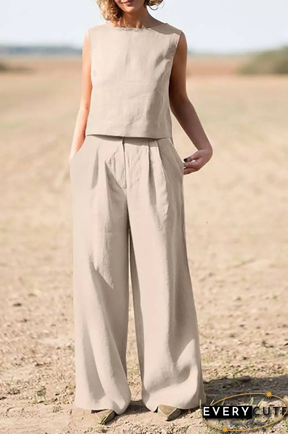 Solid Sleeveless Blouse Pants Set