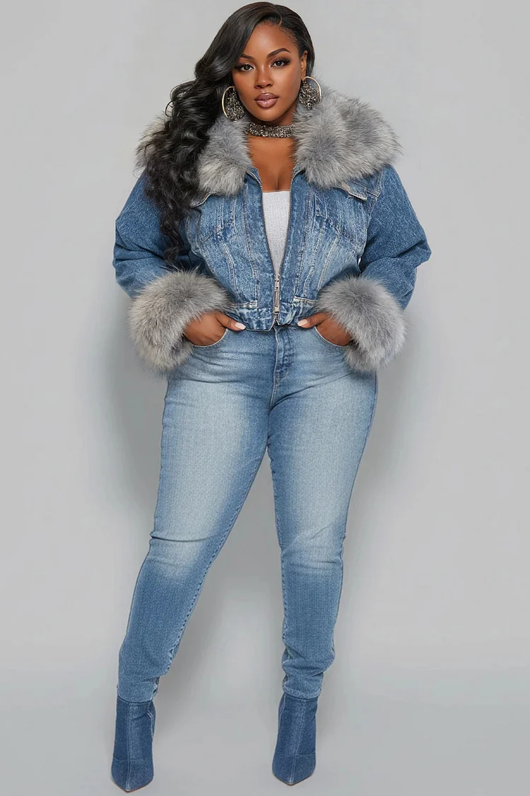 Xpluswear Design Plus Size Daily Blue Turndown Collar Long Sleeve Feather Elegant Contrast Denim Jacket [Pre-Order]