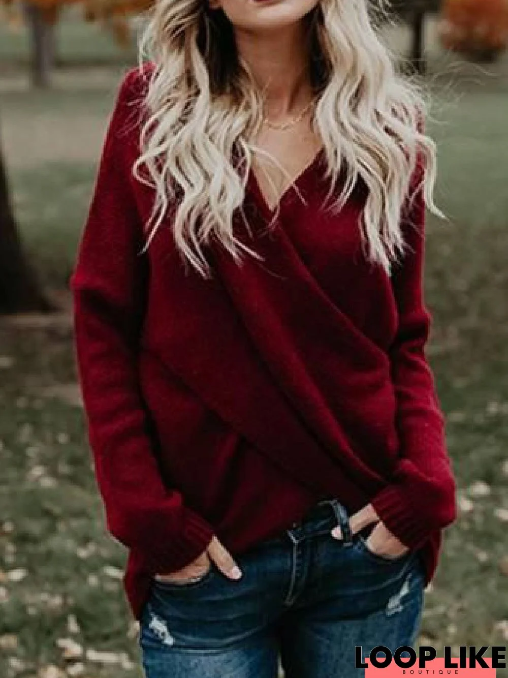 Wine Red V Neck Knitted Long Sleeve Sweater