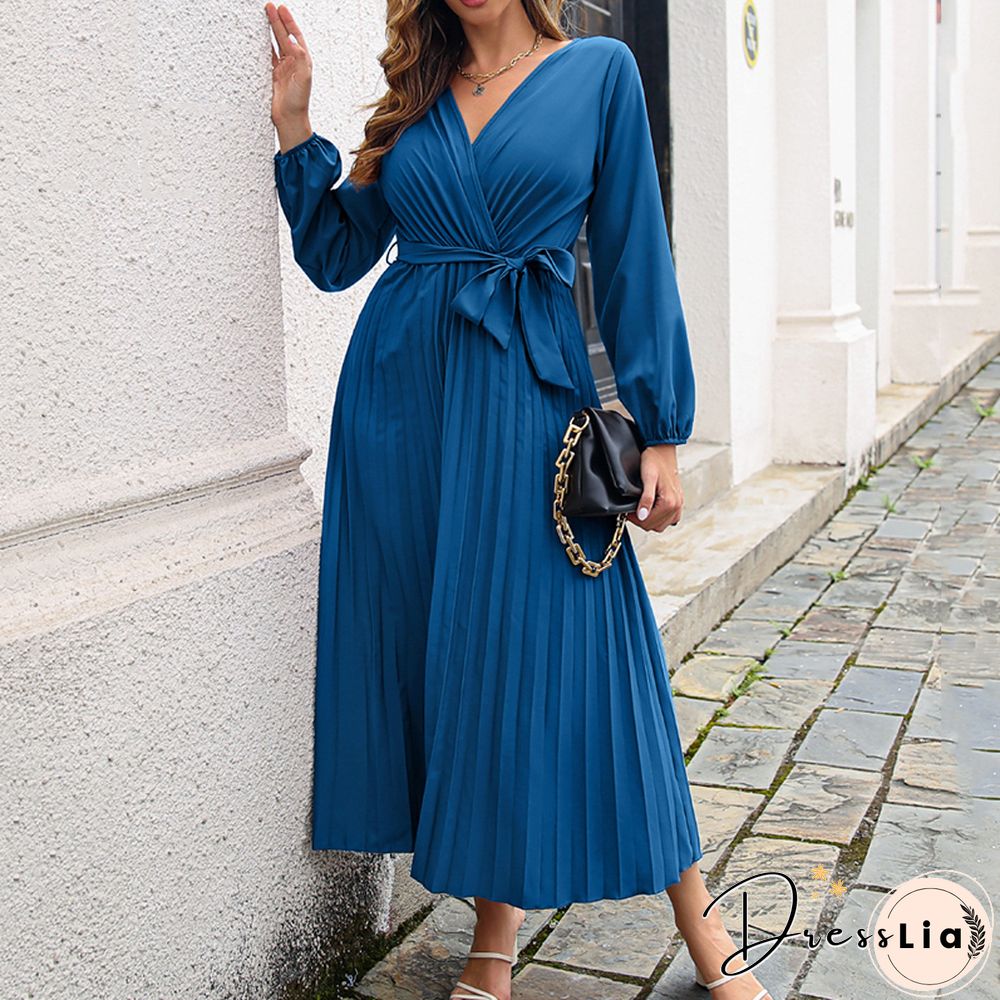 Elegant Long Sleeve Pleated Dress For Women Summer Dresses New Casual Lace-up Cross V-Neck Solid Swing Maxi Dress