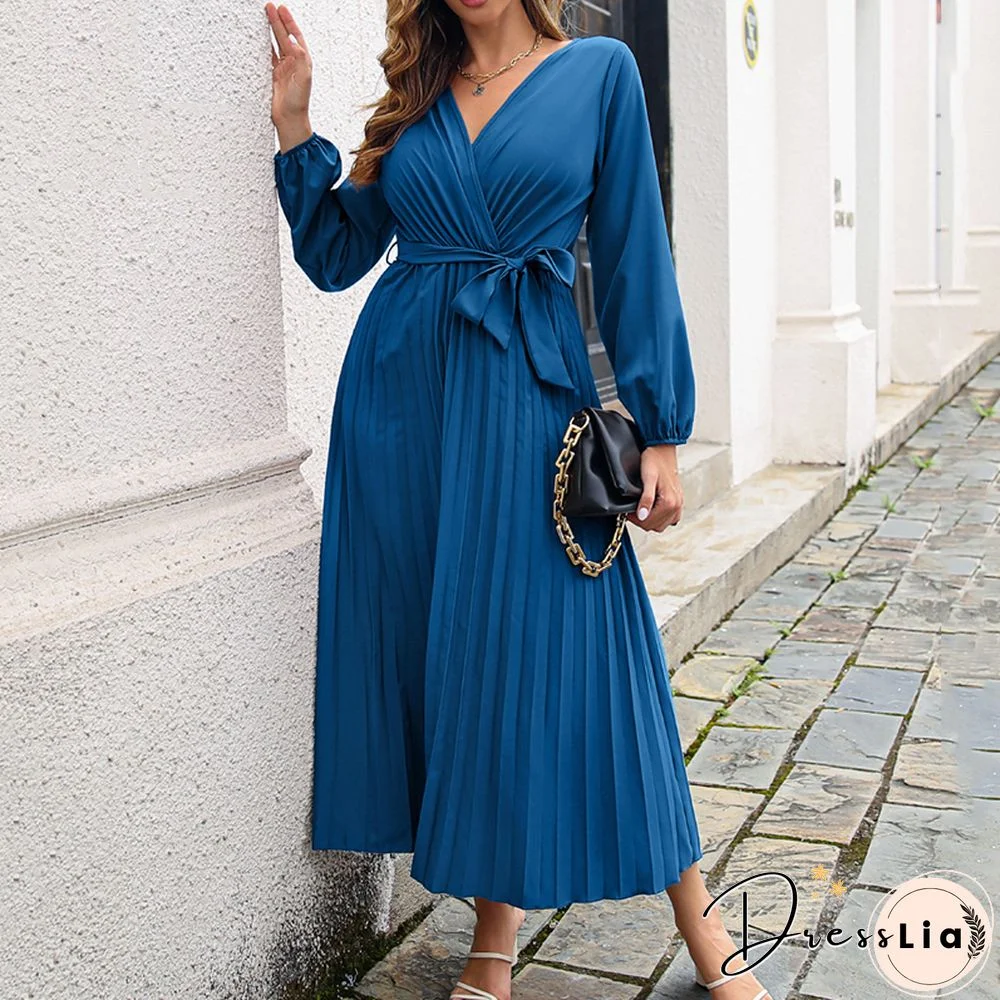 Elegant Long Sleeve Pleated Dress For Women Summer Dresses New Casual Lace-up Cross V-Neck Solid Swing Maxi Dress